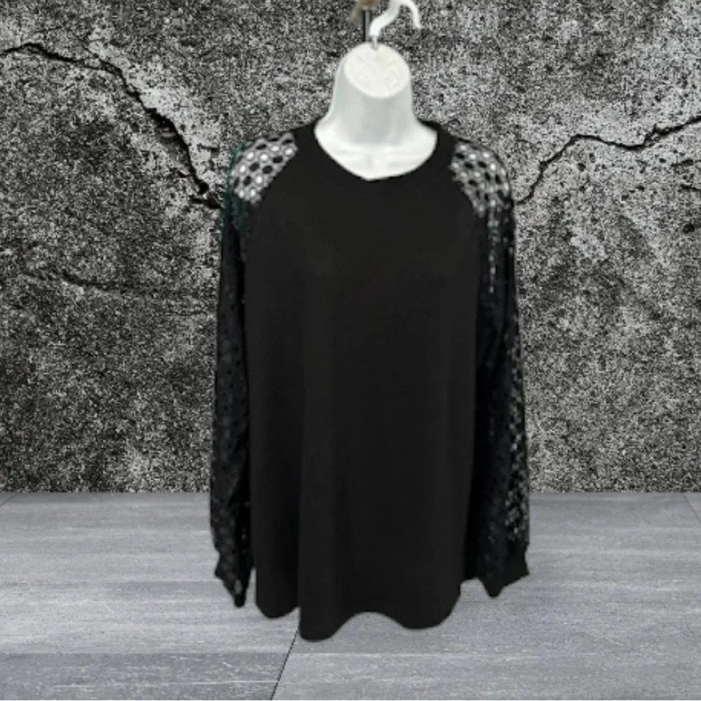 Women’s Size 1X Black Waffle Knit‎ Top Sheer Long Sleeves Boho Gothic Witchy